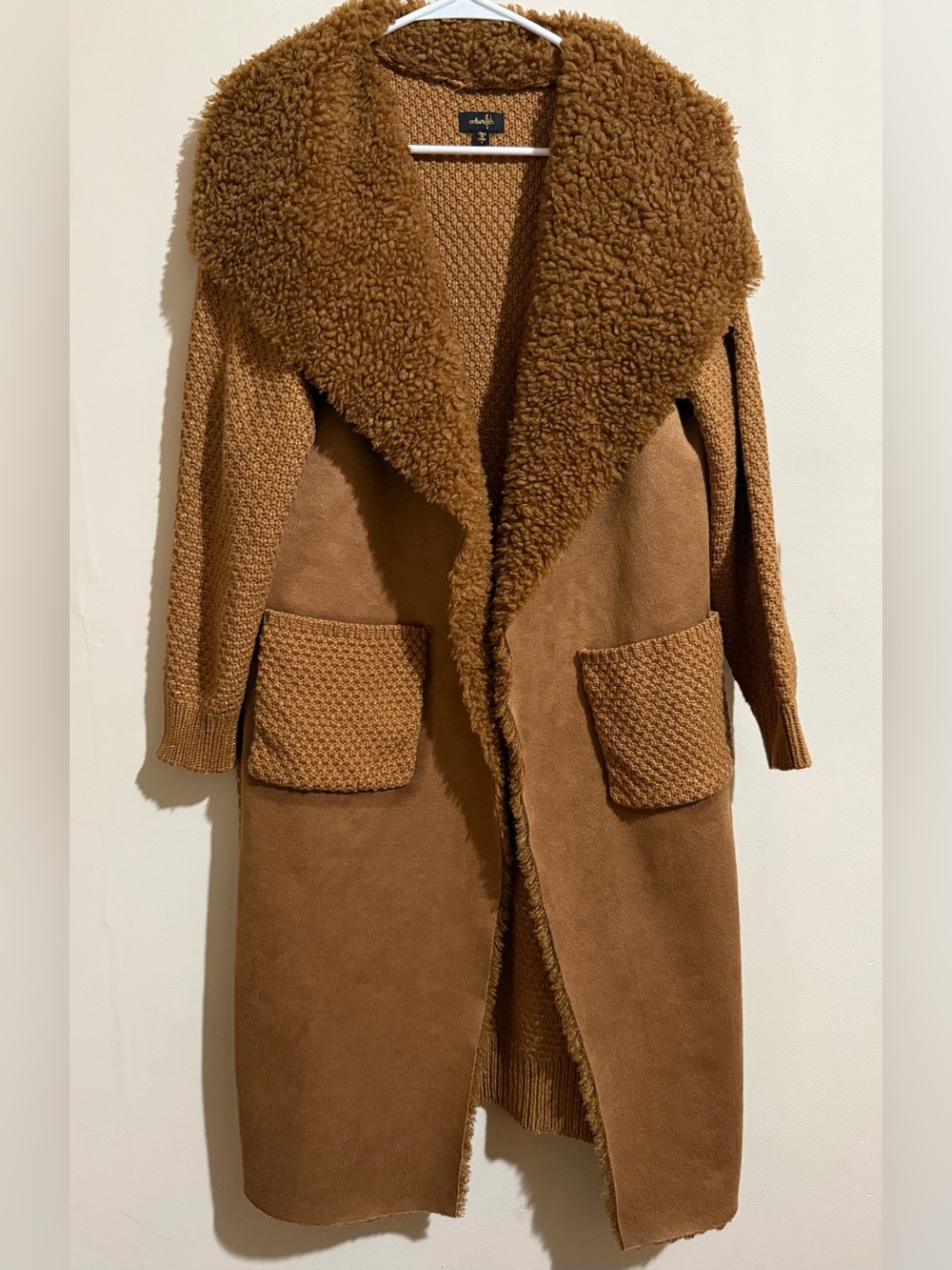 Long Faux-Shearling Teddy Coatigan in Cognac